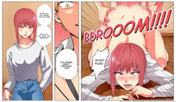 1boy 1girls ambiguous_penetration big_breasts blush breasts chainsaw_man comic cris1zcor3 denji_(chainsaw_man) dialogue doggy_style english_text female hetero instant_loss_2koma jeans looking_at_viewer makima_(chainsaw_man) male red_hair seductive sex shounen_jump speech_bubble straight tagme text threatening