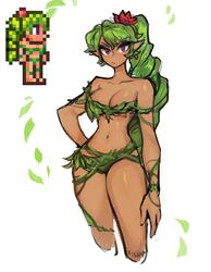 1girls belly belly_button bikini breasts cleavage dark-skinned_female dark_skin dryad dryad_(terraria) female female_only fiship green_hair hips humanoid long_hair looking_at_viewer matilda_fiship monster_girl navel purple_eyes solo solo_female standing terraria text thick thick_thighs thighs very_long_hair wide_hips