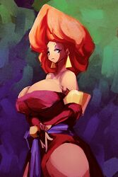 1girls bare_shoulders belt big_breasts cleavage dress earrings green_eyes looking_at_viewer milf orange_hair quest_64 red_dress riendonut shilf tagme thick thick_thighs voluptuous wide_hips