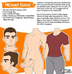 1boy abs balls big_penis brown_eyes brown_hair carmen_and_kelsie character_sheet circumcised erect_penis erection front_view goatee information jay-marvel large_penis light-skinned_male light_skin male male_only michael_russo muscles muscular_male naked original original_character profile_view pubic_hair reference_sheet side_view testicles three-quarter_view