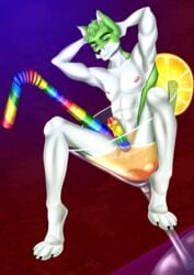 abs absurd_res alcohol anthro anus ass balls beverage bodily_fluids breasts canid canine cocktail erection fidget_the_fox fox fur genitals glass green_body green_eyes green_fur hair hand_behind_head hi_res lgbt_pride_colors looking_at_viewer male male_only mammal martini martini_glass multicolored_penis muscular muscular_anthro muscular_male nipples nude orange_slice paws penis rainbow_penis rainbow_straw sech simple_background sitting sitting_in_glass smile solo white_body white_fur