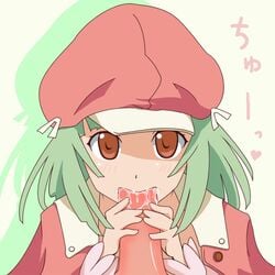 1boy1girl 1girls bakemonogatari brown_eyes fellatio female green_hair hat jacket looking_at_viewer monogatari_(series) penis pink_hat pink_jacket sengoku_nadeko