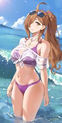 1girls belly_button bikini breast brown_hair choker cross_necklace cute female hair_ornament hair_over_one_eye kono_subarashii_sekai_ni_shukufuku_wo! legs light-skinned_female light_skin long_hair navel purple_bikini sendrawz sunglasses sunglasses_on_head thick_thighs wet_shirt wiz_(konosuba) yellow_eyes