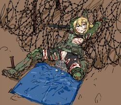 after_rape ak-74m blood broken_rape_victim cum cuts dutchko eotech escape_from_tarkov military_uniform nipples peril pussy rape razor_wire torn_clothes vesna_(dutchko)