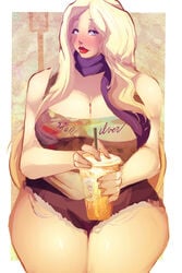 1girls big_breasts blonde_hair blue_eyes blush boobs breasts cleavage clothing female huge_breasts large_breasts lipstick long_hair makeup natalie_(riendonut) riendonut tea thick_thighs wide_hips