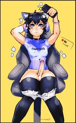 1boy balls cellphone chair choker erection femboy girly headphones male male_only nelewdy nelody panties panties_down penis phone simple_background solo thighhighs trap