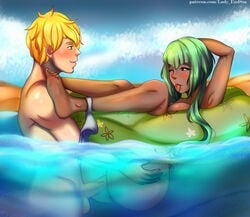 1boy 1girls ahe_gao alternate_breast_size background beach big_breasts blush breasts commentary_request commission commission_art dark-skinned_female dark_skin emerald_sustrai female green_hair in_water interracial jaune_arc ladyendsm large_breasts lifebuoy long_hair male open_mouth outdoors pantsu partially_submerged red_eyes rwby sex smile stealth_sex straight swimming swimsuit underwater water ych_result