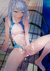 anshinmama arm_support bangs blue_eyes blush braid breasts crown_braid expressionless female fingering highres kagami_masara long_hair magia_record:_mahou_shoujo_madoka_magica_gaiden mahou_shoujo_madoka_magica masturbation pool pool_ladder poolside pussy_juice silver_hair sitting small_breasts solo spread_legs thighs trembling