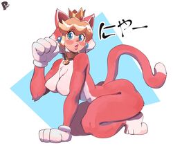 1girls alternate_breast_size blush breasts cat_peach cat_suit cleavage female female_only looking_at_viewer mario_(series) nintendo peculiart princess_peach solo super_mario_3d_world thick_thighs wide_hips