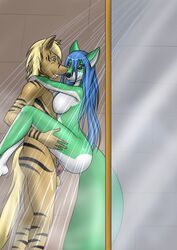 anthro ass aventis aventis_vixxx balls blonde_hair blue_hair breasts brown_eyes canid canine duo equid equine female female_penetrated fox fur genitals green_body green_eyes green_fur hair hi_res male male_penetrating male_penetrating_female mammal orange_body orange_fur penetration penis pussy sex shower shower_sex straight striped_body striped_fur stripes vaginal_penetration water