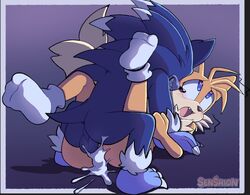 ahe_gao alternate_version_at_source anal anal_sex balls blue_eyes blue_hair blush clothing cum cum_in_ass footwear gay heart-shaped_pupils legs_up male male/male male_only male_penetrated missionary_position mostly_nude senshion shaking socks sonic_(series) sonic_the_hedgehog sonic_the_hedgehog_(series) sonic_the_werehog tails werehog yellow_fur