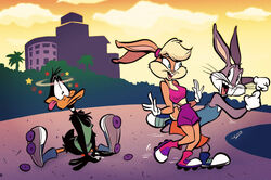 anatid anseriform anthro avian bird bodily_fluids bottomwear bugs_bunny clothing confusion cum daffy_duck duck erection female genital_fluids genitals juneduck21 lagomorph leporid lola_bunny looney_tunes male mammal penis rabbit rollerskates shorts soft_feathers sportswear warner_brothers