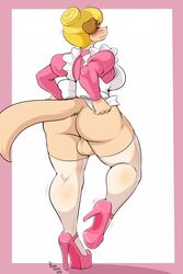 1futa 2018 2:3 anthro apron ass backsack balls big_breasts blonde_hair blush bottomless breasts canid canine canis clothed clothing domestic_dog embarrassed footwear furry futa_only futa_sans_pussy futanari genitals hair high_heels intersex legwear maid_apron maid_uniform mammal motion_lines mrs._hudson nightfaux on_one_leg pink_clothing pink_high_heels platform_footwear platform_heels rear_view sherlock_hound_(series) shoes solo solo_female solo_futa standing taint thigh_highs uniform white_clothing white_thigh_highs wobbling