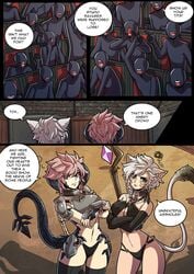 2girls abs armor arms_folded au_ra cat_ears comic final_fantasy final_fantasy_xiv green_eyes horns huge_breasts kinkymation large_breasts miqo'te multiple_girls panties pink_eyes scales sin_faye skimpy skimpy_clothes stockings tail text thick_thighs thigh_gap thighhighs white_hair xaela