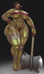 1girls abs areolae barefoot breasts erect_nipples female female_only huge_breasts looking_at_viewer muscles muscular muscular_female naughty_face nipple_piercing nipples orc orc_female piercing pubic_hair raidouzero seductive seductive_smile smile solo thick_thighs wide_hips