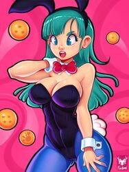 1girls aqua_eyes aqua_hair big_ass big_breasts big_butt blue_eyes blue_pantyhose bowtie bulma_(bunny) bulma_briefs bunny_ears bunny_girl bunny_tail bunnysuit busty cleavage detached_collar dragon_ball dragon_ball_(classic) female female_only foxilumi leotard long_hair pinup solo solo_focus teenager wrist_cuffs