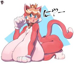 1girls blush breasts cat_peach cat_suit cleavage female female_only huge_breasts hyper_breasts looking_at_viewer mario_(series) nintendo peculiart princess_peach solo super_mario_3d_world thick_thighs wide_hips