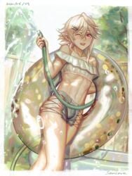 1boy ;d abs bare_shoulders blonde_hair bulge collarbone corrin_(fire_emblem) corrin_(fire_emblem)_(male) crossdressing cute_male dated femboy fence fire_emblem fire_emblem_fates fire_emblem_heroes girly highres holding hose inflatable_toy inner_tube innertube looking_at_viewer male male_focus male_only navel one_eye_closed open_mouth otoko_no_ko outdoors painting_(artwork) red_eyes samsara samsara_(shuukeura) shorts skindentation smile solo swimsuit trap tree walking water white_hair wink