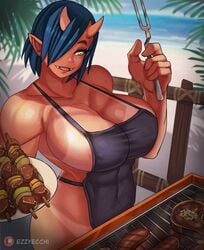 1girls apron barbecue beach big_breasts black_hair blue_hair breasts cleavage curvy elf-san_wa_yaserarenai ezzyecchi female horns huge_breasts humanoid looking_at_viewer mature monster_girl muscular_female naked_apron oga oni outdoor pointy_ears short_hair smiling solo tanline tanned thick_thighs voluptuous wide_hips yellow_eyes