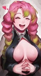 big_breasts braided_hair closed_eyes clothed_female demon_slayer female female_focus female_only haori ibuo kanroji_mitsuri kimetsu_no_yaiba no_bra painting_(artwork) smile solo solo_female solo_focus tri_braids upper_body