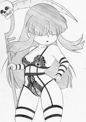 1girls aged_up arm_warmers bangs blunt_bangs breasts female female_only garter_belt garter_straps goth goth_girl hair_over_eyes hips holding_object holding_weapon lace lingerie long_hair lucy_loud older scythe skull small_breasts solo solo_female steg-o straight_hair teddy_(clothing) the_loud_house thighs traditional_media_(artwork) weapon