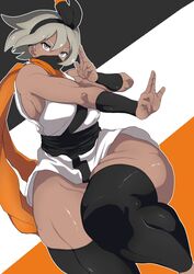 1girls bea_(pokemon) dark-skinned_female dark_skin grey_hair huge_ass huge_thighs naughty_face nintendo oryuto pokemon pokemon_ss seductive thick_thighs thighhighs thighs tomboy voluptuous