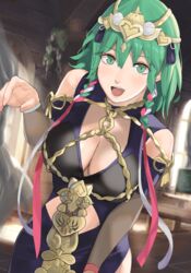 braid breasts byleth_(fire_emblem) byleth_(fire_emblem)_(female) cleavage cleavage_cutout dress female female_protagonist fire_emblem fire_emblem:_three_houses green_eyes green_hair hair_ribbon highres j@ck large_breasts looking_at_viewer open_mouth open_smile purple_dress ribbon ribbon_braid shoulder_cutout smile solo