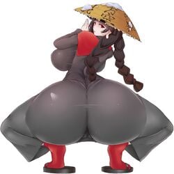 1girls ass ass_focus big_ass black_hair braided_hair breasts cameltoe clothed dress female gigantic_ass hat hidden_star_in_four_seasons huge_ass huge_breasts looking_back narumi_yatadera red_eyes rice_hat sandals sha-pei_sahei snow socks solo solo_female squatting touhou twin_braids twintails white_background