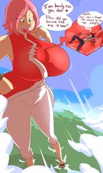 between_breasts boruto:_naruto_next_generations female giantess huge_breasts male naruto sakura_haruno sasuke_uchiha shounen_jump thaddeusmcboosh