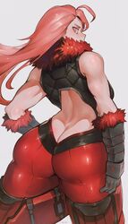 armwear ass back_view backless_bodysuit beast_hunter_(last_origin) beast_hunters clothing female female_only ibuo last_origin long_hair looking_back red_eyebrows red_eyes red_hair solo solo_female tagme thick_thighs very_high_resolution white_background wide_hips