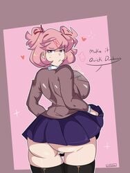 1girls ass big_ass big_breasts breasts chubby dat_ass doki_doki_literature_club eye_contact female going_commando hair_ribbon huge_ass looking_at_viewer looking_back medium_hair natsuki_(doki_doki_literature_club) no_panties pale-skinned_female pale_skin pink_hair pussy school_uniform skirt talking_to_viewer text thick_thighs thigh_gap thighs uuforya