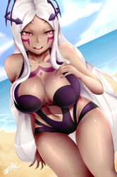 artist_signature aversa_(fire_emblem) beach belt big_breasts bikini breasts cleavage dark-skinned_female dark_skin female fire_emblem fire_emblem_awakening hair_ornament hand_on_breast long_hair looking_at_viewer nintendo rak red_eyes signature smile swimsuit tagme tattoos teeth thick_thighs white_hair white_lipstick