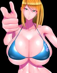 1girls bikini blue_bikini breasts breasts_bigger_than_head cute finger_gun gigantic_breasts gun huge_ass huge_breasts metroid nintendo samus_aran sweat sweatdrop wolffeld wolffeld_price yellow_hair