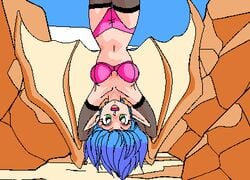 1girls 90s armpits arms_behind_head arms_up bat_girl bat_wings blue_hair bra breasts cleavage elbow_gloves fangs female female_only game_cg gloves green_eyes koumori long_ears looking_at_viewer lowres m.i.n medium_breasts monster_girl navel open_mouth outdoors panties pink_bra pink_panties pointy_ears reserve reserve_(series) rock sky smile solo teeth thighhighs thighs tongue underwear upside-down wings