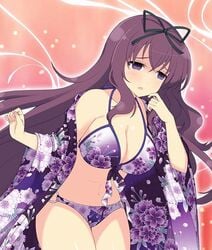 embarrassed floral_print murasaki_(senran_kagura) nervous open_yukata print_bikini purple_bikini purple_bra purple_eyes purple_hair purple_panties purple_yukata senran_kagura yaegashi_nan yukata