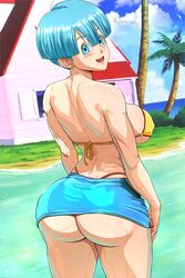 1girls ass beach big_ass big_breasts bikini bikini_top blue_eyes blue_hair breasts bulma_briefs dat_ass dragon_ball dragon_ball_z earrings female female_only kame_house krabby_(artist) large_breasts lipstick looking_at_viewer looking_back makeup red_lips red_lipstick short_hair skirt solo swimsuit thong thong_bikini water watermark whale_tail