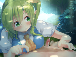 1boy ascot blush breasts bush censored cum daiyousei ejaculation female green_eyes green_hair mosaic_censoring nipple_tweak nnyara one_side_up penis pointy_ears short_sleeves straight sweat touhou twitter_username vest yellow_neckwear