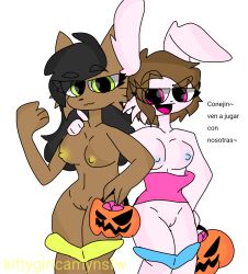 2021 2girls anthro black_hair brown_hair bunny canine fur furry green_eyes halloween jenny_(cowboy_creeper225) kittygirlcamy kittygirlcamynsfw lizzy_(cowboy_creeper225) long_hair medium_breasts pink_eyes rabbit short_hair spanish_text youtube yuri