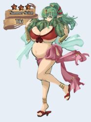 belly_button big_breasts bikini bikini_top blue_background breasts cleavage eyebrows_visible_through_hair female fire_emblem fire_emblem_awakening fire_emblem_heroes green_eyes green_hair huge_belly large_breasts nintendo pregnant ready_to_pop red_footwear sandals swimsuit tiki_(adult)_(fire_emblem) tiki_(adult)_(summer)_(fire_emblem) tiki_(fire_emblem) watermelon xcel-zero