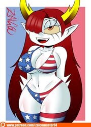 1girls american_flag american_flag_bikini american_flag_legwear bikini breasts disney disney_channel disney_xd fangs female female_focus female_only hekapoo horns long_hair navel one_eye_covered orange_eyes pointy_ears red_hair skindentation solo star_vs_the_forces_of_evil swimsuit thick_thighs white_skin yellow_sclera zaicomaster14