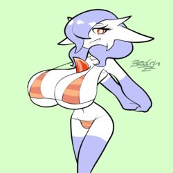 1:1 1girls 2020 anthro anthro_only anthrofied armpits arms_behind_back artist_signature bare_shoulders belly belly_button big_breasts bikini blue_hair bra breasts chest_spike eyebrows eyelashes female female_gardevoir female_only gardevoir green_background hair hair_over_one_eye highres hips huge_breasts humanoid large_breasts looking_at_viewer navel nintendo panties pinup pokémon_(species) pokemon pokemon_(species) pokemon_rse purple_hair red_eyes shiny_pokemon short_hair simple_background smile smiling smiling_at_viewer solo solo_female standing teeth thick thick_thighs thighs top_heavy topwear underwear voluptuous wide_hips zedrin