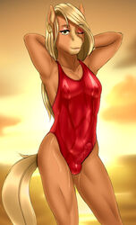 2020 absurd_res anthro biped blonde_hair brown_body brown_fur buffbumblebee bulge clothed clothing crossdressing ear_piercing ear_ring equid equine erection eyebrows eyelashes front_view fur girly hair hi_res horse humanoid_genitalia long_hair looking_at_viewer makeup male mammal one-piece_swimsuit outside piercing seaside smile solo standing swimwear tight_clothing water wet wet_clothing