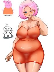 1girls artist_request belly big_breasts clothed mommy_pig peppa_pig pink_hair short_dress short_hair smile smiling solo solo_female tight_clothes tight_clothing tight_dress tight_fit touching_face voluptuous white_background wink winking winking_at_viewer