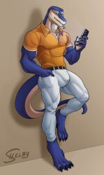 anthro belt big_bulge bulge forked_tongue hand_in_pocket leaning_against_wall looking_at_phone male male_only monitor_lizard muscular_male on_phone pants phone richard_(wsad) scalie shelbyyorda shirt solo solo_male tail tongue_out