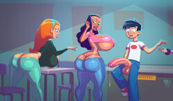 1boy 2girls annoyed ass ass_cleavage big_penis black_hair blue_eyes breasts bubble_butt butt_crack classroom clothing danny_fenton danny_phantom desk female foreskin glans hairband holding_penis huge_ass huge_cock hyper_breasts jazz_fenton jeans latina light-skinned_male long_hair long_penis lowleg naughty nickelodeon orange_hair partially_retracted_foreskin paulina_sanchez penis penis_out penis_through_fly pinch precum precum_string red_footwear short_hair skimpy small_but_hung sneakers startled t-shirt toony turk128 uncut underboob whale_tail wide_hips