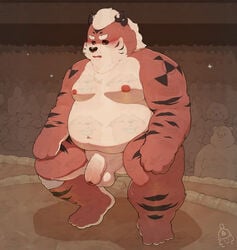 2020 absurd_res anthro balls belly blush distracting_watermark felid flaccid genitals group hi_res humanoid_genitalia humanoid_penis kemono male male_only mammal moobs nipples overweight overweight_male pantherine penis piero03432812 solo_focus tiger watermark