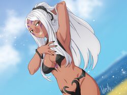 aversa_(fire_emblem) beach belt big_breasts bikini black_nails breasts cleavage dark-skinned_female dark_skin female fire_emblem fire_emblem_awakening hair_ornament hand_behind_head lilirulu long_hair nintendo ponytail red_eyes smile swimsuit tattoos thick_thighs white_hair white_lipstick