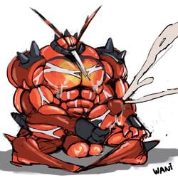 1:1 1boy abs anthro arthropod balls bara big_penis bodily_fluids buzzwole cum ejaculation erection genital_fluids genitals hi_res male male_only masturbation muscular muscular_anthro muscular_male nintendo pecs penis pokemon pokemon_(species) simple_background solo ultra_beast video_games wani_panic white_background