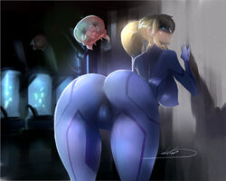 against_wall arm_support ass back_view bent_over blonde_hair blue_eyes bodysuit breasts dat_ass havokwyvern indoors large_breasts leaning_forward looking_at_viewer looking_back metroid metroid_(creature) nintendo ponytail samus_aran ship sideboob skin_tight zero_suit zero_suit_samus