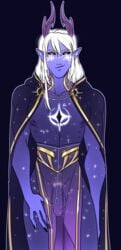 1boy 2019 aaravos antlers balls bishonen black_nails black_sclera blue_background blue_skin cloak elf elf_ears flaccid horns long_hair long_hair_male looking_at_viewer male male_only nipples penis pinup pointy_ears puck_(artist) smile smirk sparkles startouch_elf testicles the_dragon_prince toned transparent_clothing veil white_hair yellow_eyes